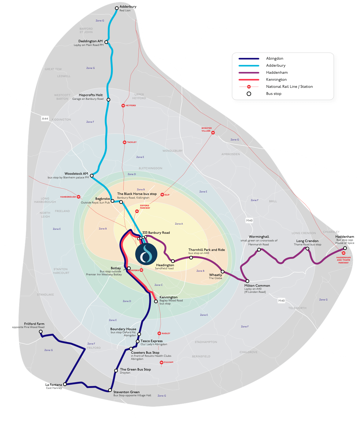 Map showing transport zones and bus stop locations for d’Overbroeck’s students across Oxfordshire and surrounding areas, including key towns and rail stations.